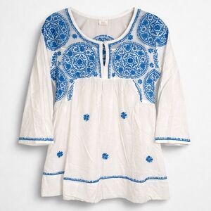 Women's White and Blue Embroidered Top Boho